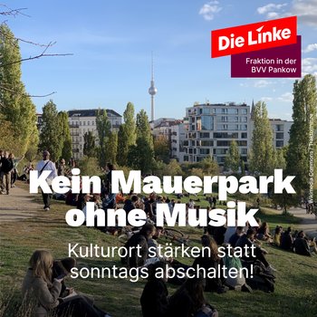 Gezeigt ist gut besuchte Mauerpark im Sommer mit Blick auf den Fernsehturm im Hintergrund. Dazu der Titel: "Kein Mauerpark ohne Musik. Kulturort stärken statt sonntags abschalten!"